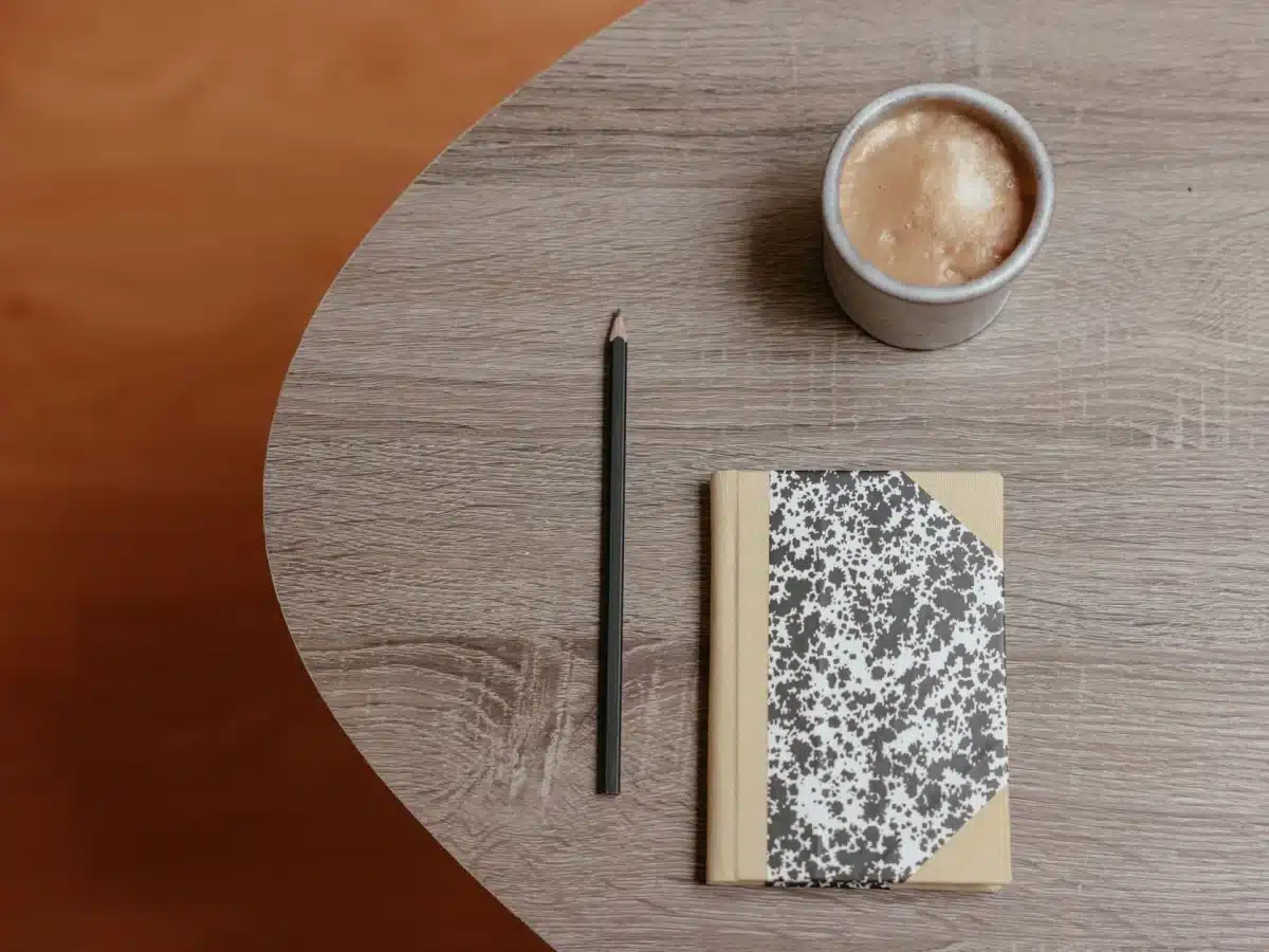 writing notebook coffee cup